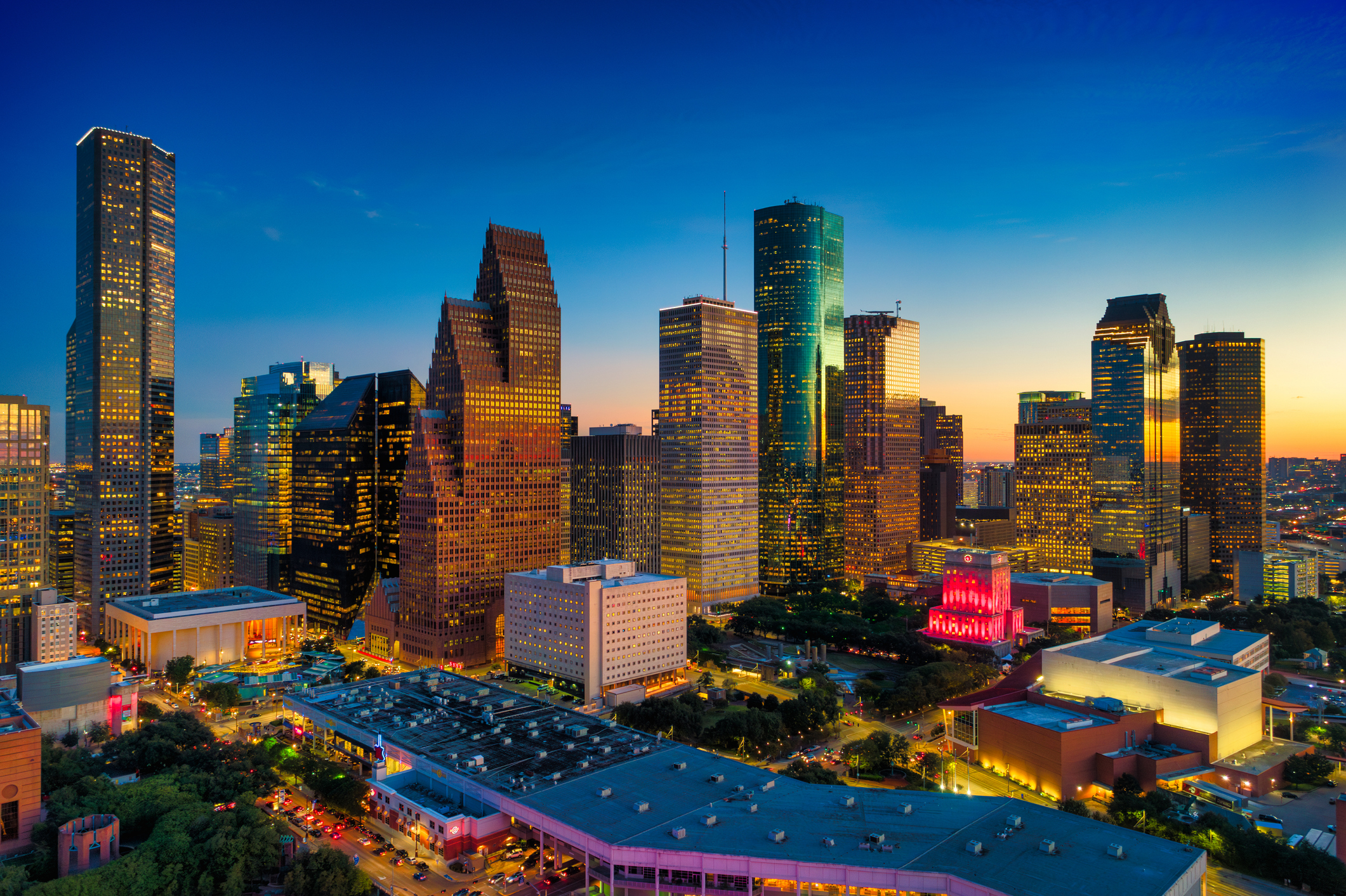 Houston Downtown Aerial Skyline At Night